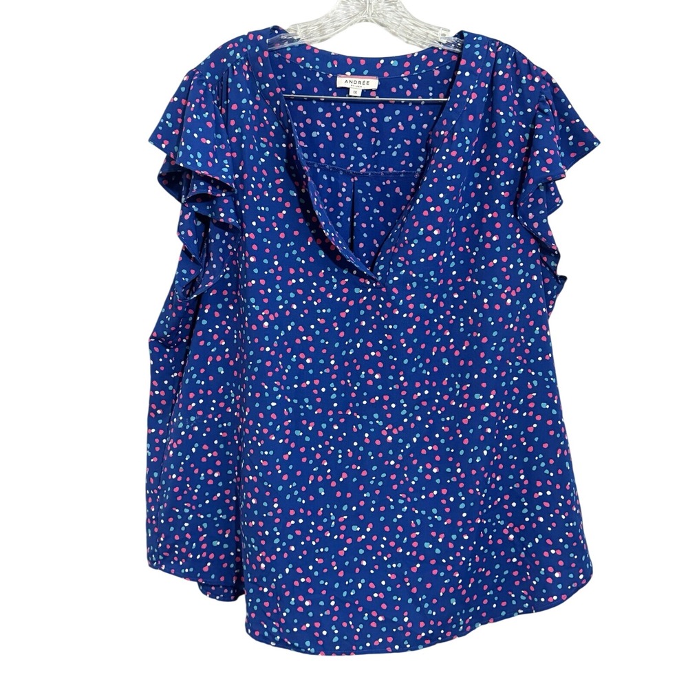 Andree by Unit Blue Polka Dot Flutter Sleeve V-Neck Blouse Plus Size 1X